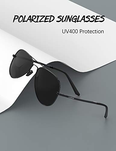 LUENX Aviator Sunglasses for Mens Womens Polarized Black Lens Black Metal Frame 60mm