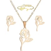 ONLYJUMP 3Pcs Rose Jewelry Set for Women Hollow Rose Pendant Necklace Stud Earrings Bracelet Alloy Stainless Steel Elegant Gift for Wedding Birthday Valentine's Day