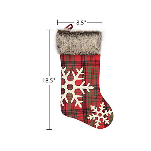 DoubleWood 4 Pack 18 inches Big Christmas Stockings Burlap Plaid Snowflake and Plush Faux Fur Cuff Stockings for Family Holiday Xmas Party Decorations