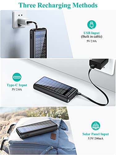 Portable Charger 36800mAh, LENSUM Power Bank Solar Charger with 2 Output Ports, Built-in 2 Durable Cables, External Battery Pack for Cellphone and Tablet