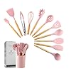 ZCOINS Ensemble d’ustensiles de cuisine en silicone 18 + 1 pièces avec poignées en bois et support (rose)