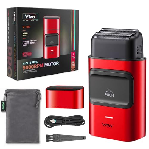 VGR 307 Afeitadora de Lámina Inalámbrica para Hombre, Red de Cuchillas de Titanio de Doble Capa, Afeitadora Eléctrica con Motor de Alto Rendimiento 9000 Rpm, Indicador de Carga y Carga USB, Rojo