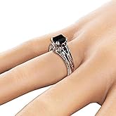 Sdouefos 925 Sterling Silver Black Gem Ring Vintage Cocktail Rings Square Cut Black Onyx Marcasite Cubic Zirconia Anniversary Promise Ring CZ Eternity Engagement Wedding Band Ring (7)