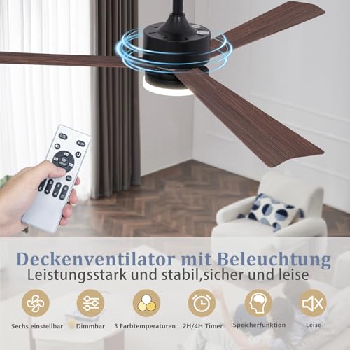 Homefire Ceiling Fan LED Light - 51.5 Inch Ceiling Light for Living Room Quiet 3 Blades Dimmable Large Size Modern Ceiling Light with Remote Control