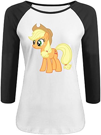 Women's Cotton Screw Neck 3/4 Sleeve My Little Pony Applejack Athletic Baseball Raglan Sleeves T-Shirt Black US Size XL