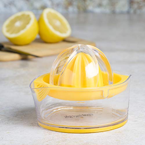 Cooking Light Manual Hand Built-in Strainer and Measuring Cup, 2 Size Reamers Included, Premium Quality Lemon Orange Lime Juicer, Yellow