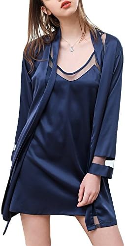 AIKOSHA Women's Silky Satin Trim Strappy Night Dress & Dressing Gown 2 Piece Nightie Set