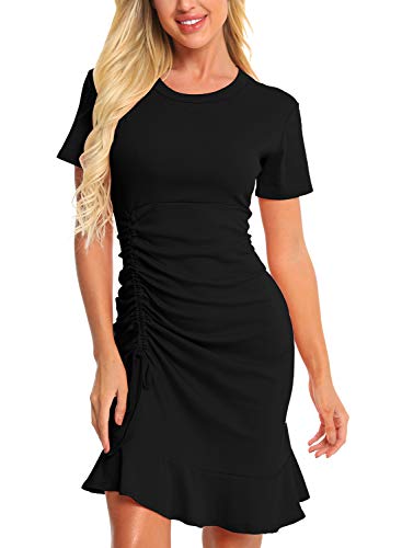 Zaprada Black T Shirt Dresses for Women Casual Crew Neck Short Sleeve Bodycon Dress Drawstring Ruched Ruffle Swing Mini Dress