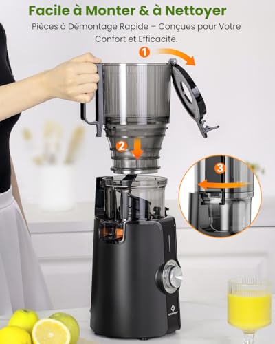 LINKChef Vertical Juicer | Slow Juicer 200W | Wide Mouth 115 mm for Whole Fruit & Vegetable | With Recipe Book, Easy Cleaning, BPA Free, Black