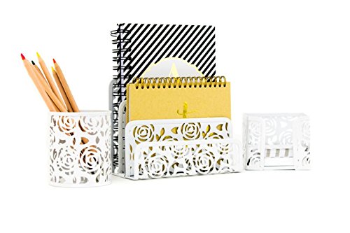 Blu Monaco White Desk Organizer for Women - 3 Piece Desk Accessories Set - Letter-Mail Organizer, Sticky Note Holder, Pen Cup - White Rose Pattern