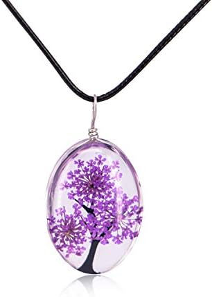 Oval Glass Dry Pressed Life Tree Pendant Necklace (3 Colors)