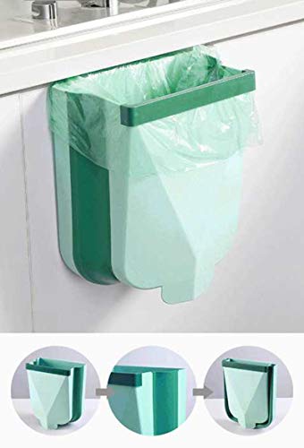 YAJONUE Hanging Kitchen Trash Can Bathroom Folding Garbage Bin Small Wall Mounted Portable Collapsible Waste Bin for Office Car Bedroom, Plastic, Green, 2.6 Gallon