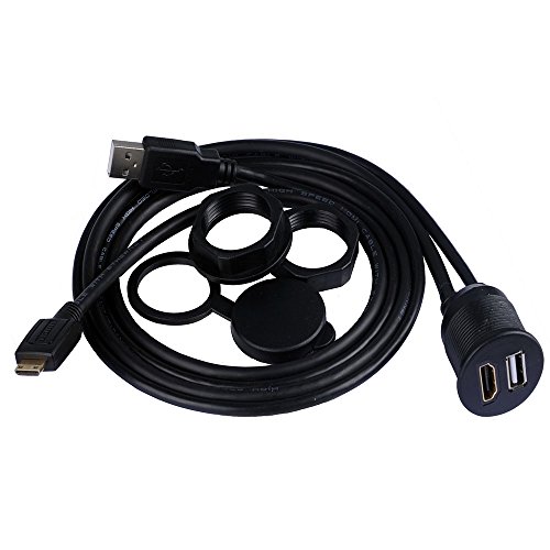 BATIGE USB & Mini HDMI Male to HDMI Female AUX Flush Mount Car Mount Extension Cable Car Truck Boat Motorcycle Dashboard Panel 3ft - Gold Plated
