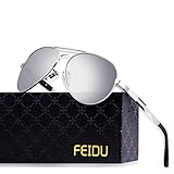 FEIDU Mens Polarized Aviator Sunglasses Metal Frame Unisex Sun Glasses FD9001 (Silver/Silver, 2.28)