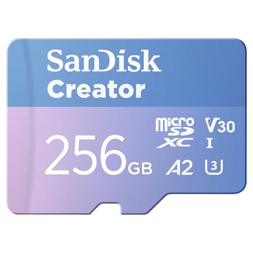 SanDisk Creator microSDXC UHS-I Speicherkarte 256 GB + Adapter (Für Smartphones, Kameras und Drohnen, 5.3K & 4K, A2, C10, V30, U3, bis zu 190 MB/s Übertragung, inkl. 3 Monate Adobe Lightroom)