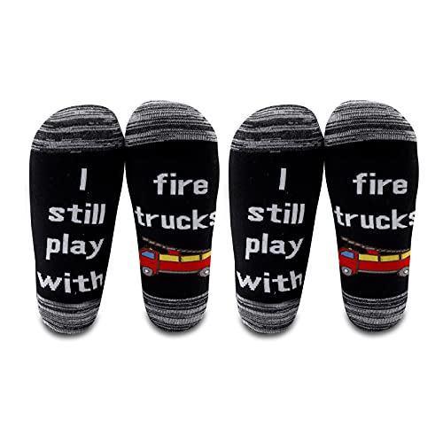 LEVLO Funny Firefighters Gifts I Still Play with Fire Trucks Cotton Socks for Fireman Gifts (2 Pairs/Set - Mid Calf - 1) at Amazon