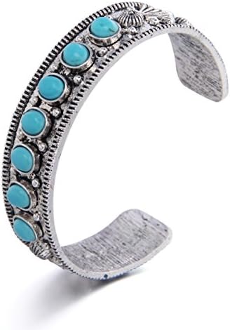 EBOETA Vintage Oval Turquoise Inlay Wide Open Ended Cuff Bangle Bracelet Women Vintage Jewelry Silver Plated
