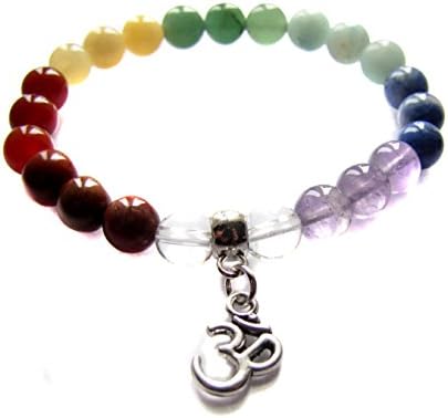Chakras Balancing Energy Gemstone Beaded, Silver Tone Om Charm, Elastic Bracelet, 7 3/4"