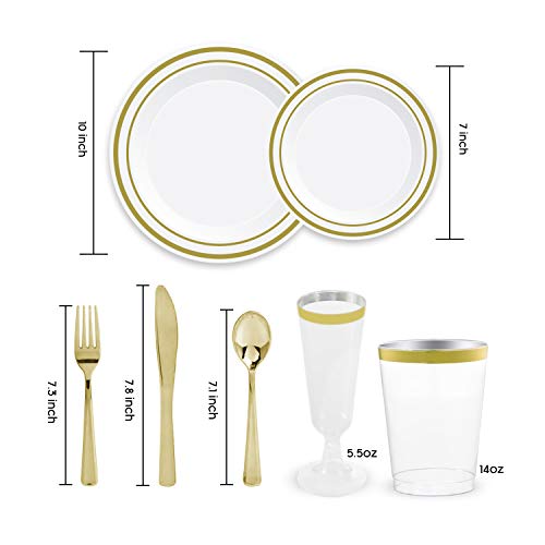 Plastic Dinnerware Set â€“ TrueLook Tableware! 24 Disposable Plates, Cups, Flutes, Napkins, Napkin Rings and Silverware - White and Gold Plastic Plates for Parties, Wedding, Fancy Dinner Occasions