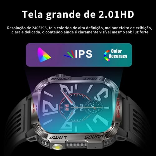 YARUIKE HT29 Relógio Inteligente Esportivo para Homens, Chamada Bluetooth, Bússola e Lanterna LED, Tela IPS 2.01 Polegadas, Compatível com Android e iOS