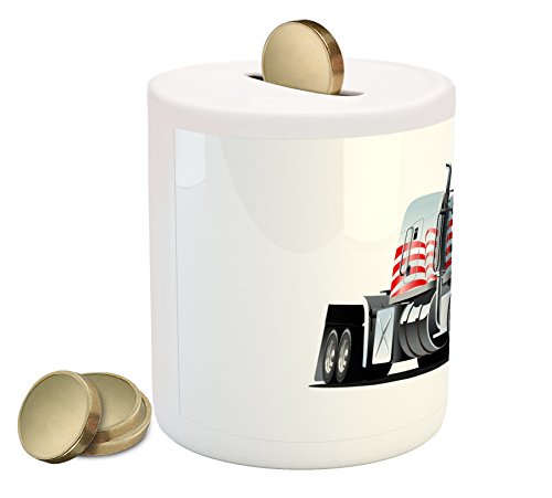 Truck Piggy Bank by Ambesonne, American Flag Themed Semi 18 Wheeler Patriotic Transportation Industrial Vehicle, Printed Ceramic Coin Bank Money Box for Cash Saving, Red White Blue - Thumbnail 4