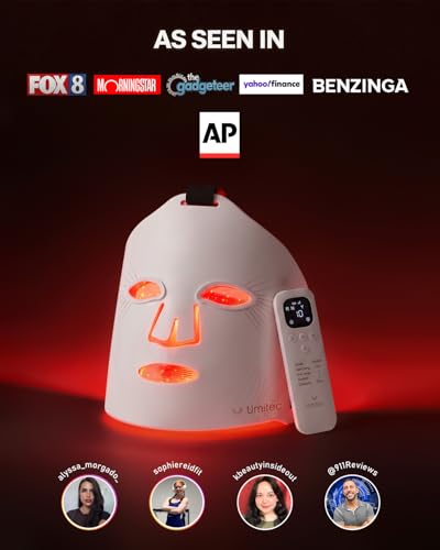 Umitec Zone Craft LED Face Mask, Red Light Therapy Mask, Four Modes Three Levels, Remote Control 10 Minutes, 4000mAh, Storage Bag, Eye Pads, Gift for Wife, Girls(White)