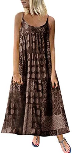 Women Summer Sleeveless Dress Casual Linen Strappy Loose Boho Print Skirt Plus Size Long Sundress
