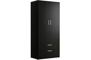 Madesa 2 Door 2 Drawer Storage Cabinet Wardrobe with Shelf and Hanging Space 31 Inch Wooden Armoire Closet Organization Unit for Bedroom and Office - Black