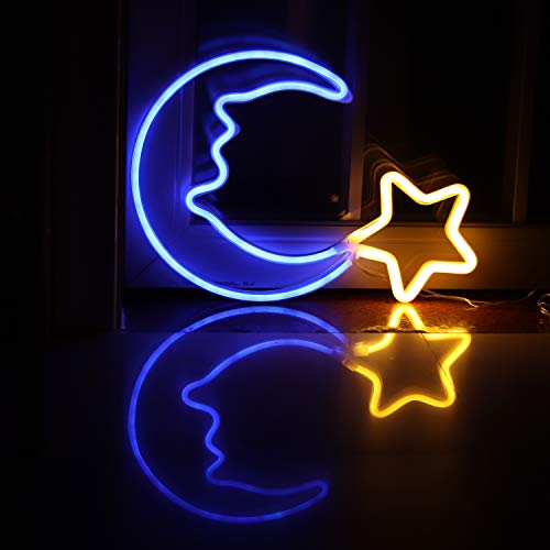 Neon Light Sign Blue Moon Star Neon Night Light for Kids' Bedroom Wall Art LED Decorative Lights for Home USB Powered LED Crescent Moon Neon Christmas Birthday Gift(NEMBSWW)