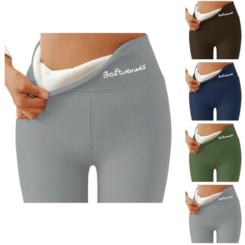 Angxiwan Grey Leggings Women Fleece Lined Leggings for Women UK High Waisted Gym Workout Gym Yoga Pants Thermal Thick Tights Tummy with Pockets