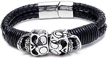 celet metal ClFashion Stainless Steel Braided Leather Bracelet for Men Cuff Bracelet Magnetic Clasp (Skull leather bracelet)