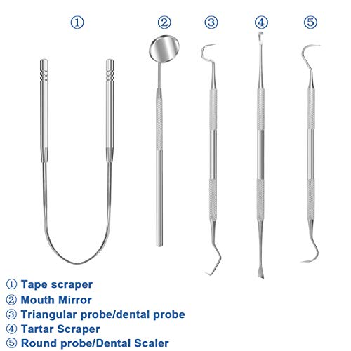 THZY Dental Tools Professional Teeth Hygienist Kit Stainless Steel Dental Pick Cleaning Set to Remove Plaque Tartar,Tongue Scraper,Tooth Scaler,Mouth Mirror for Personal & Pet Oral Care Use