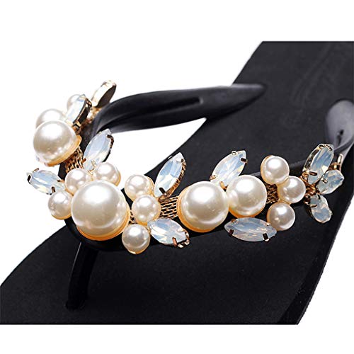 Summer Sandals Simayixx Women Sexy Rhinestone Shoes Pearl Slip-On Slippers Beach Boho Flip Flops Swimming Pool Yoga Shoe Black
