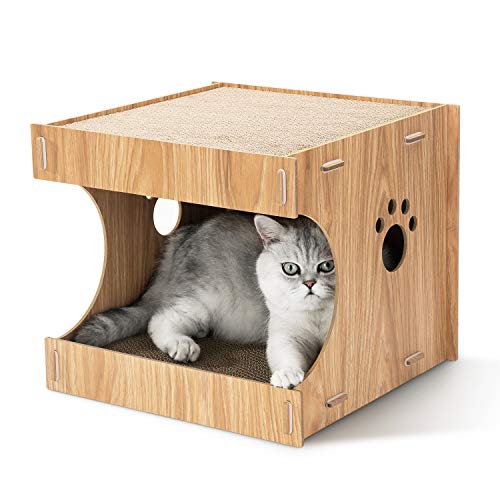 HIPIPET Cat Cardboard Scratcher House Hideaway Beds Box with 4