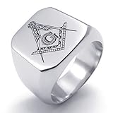 KONOV Freemason Masonic Mens Ring, Polished 316L Stainless Steel Band, Silver