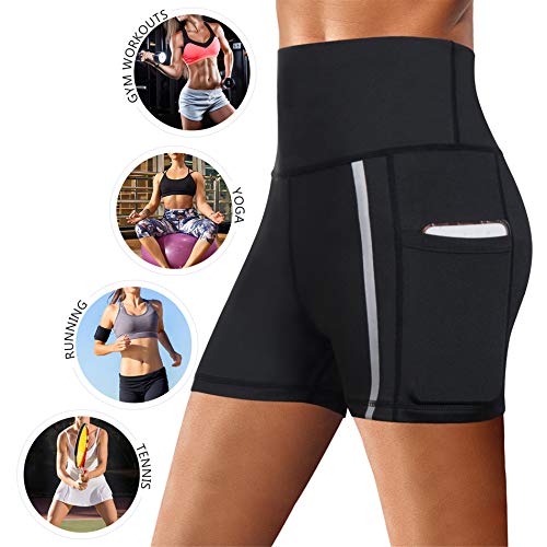 Rolewpy Women's Running Yoga Shorts with Side Pockets High Waist Athletic Shorts for Gym Fitness Workout Clothes