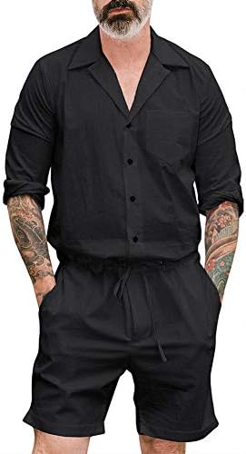 Mens Long Sleeve Cargo Romper Overalls, Button Down Tee Short Jumpsuit Workwear