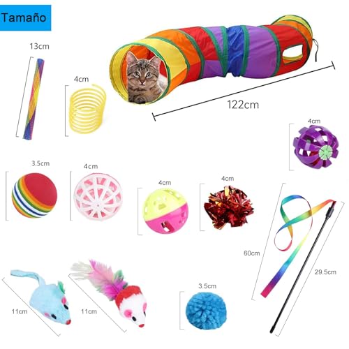 SORALEK Kit de 24 Juguetes para Gato, Incluye Tunel para Gato de 120cm, Palo Guía, Pelotas, Ratones y Mas, Juguetes para Gatos Interactivos