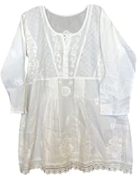 Womens Tunic Elegant Crochet Lace Hem Ivory Floral Hand Embroidered Summer Cover Up Top Blouse L