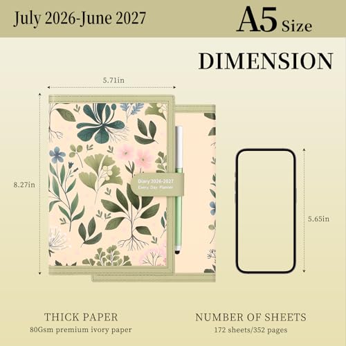 Mljtoyo Academic Planner 2026-2027, A5 Page Per Day, Daily Planner July 2025 - June 2026, A5 Daily Planner with Pen, Stickers, Back Pocket, 3 Bookmarks (Matcha Green, A5)