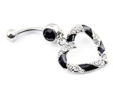 316L Surgical Steel 14g Clear Black Paved Heart Hollow Dangle Belly Navel Bar Ring Barbell Body Piercing