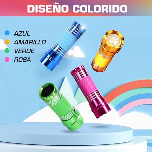 EverBrite 4 x Mini LED Flashlight with Bright Handle, Multi Colours, 12 x Batteries Included, Children's Flashlight in Yellow, Blue, Red, Green, Good Gift for Boys