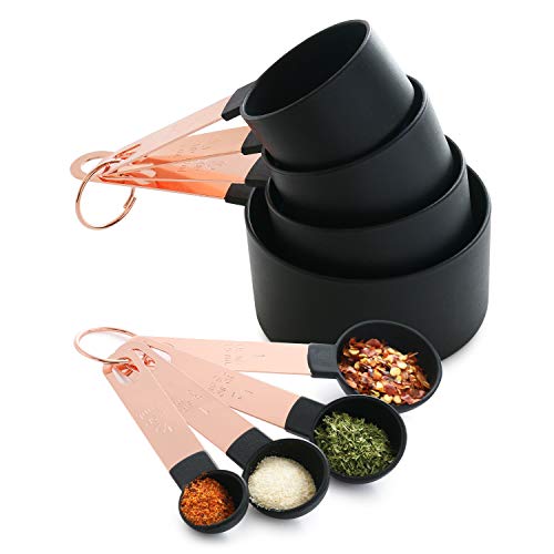 Set of 8 - Measuring Cups and Spoons Set, Copper Handle Measuring Spoon - Cup, Vintage, Kitchen Gift, Black