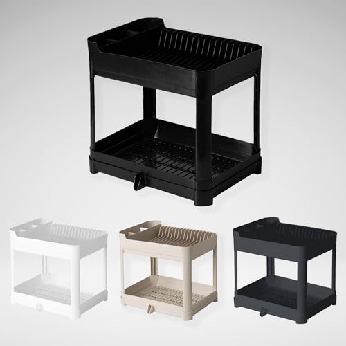 Escorredor de Pratos Duplo Fly Paramount com Bandeja – Organizador de Cozinha, Maior Capacidade, Fácil de Limpar, Resistente, Compacto e Prático para Pia e Bancada (Preto)