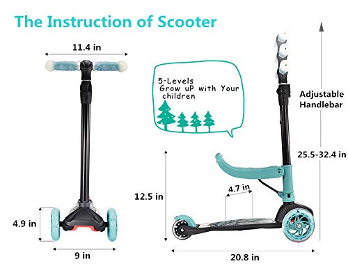 New Olym Kids Scooter for Toddlers 3 Wheel Kick Scooter with Removable Seat Great for Big Boys Girls Adjustable Handlebars LED Light up Wheels Y Glider Toys Children Age 2-6 Years Green