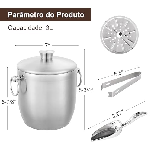 Balde De Gelo Isolado De Aço Inoxidável De 3 Litros Com Tampa, Colher, Pinça E Coador