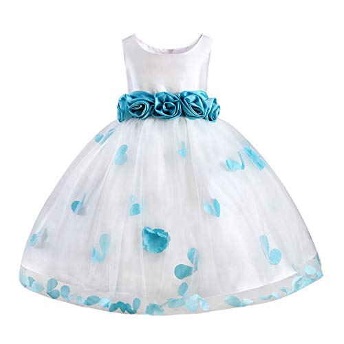 Girls Tutu Bow Dress Petals Princess Flower Dress with 3D Roses for Birthday Wedding Party (5, Blue)