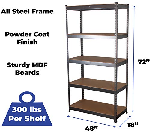 MonsterRax 18â€x48â€x72â€ Modular Garage Shelving â€“ Hammertone Steel Storage Rack â€“ 300 Pounds Per Shelf â€“ 5-Tier Shelves/Work Bench (18x48x72)