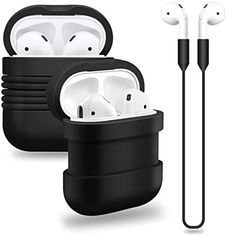 AirPods Case,Sahiyeah Silicone Protective Cover Shockproof Dustproof Soft Skin with Sports Strap for Apple AirPods,Black