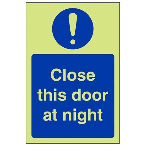 V Safety Glow In The Dark Close This Door At Night Sign - Portrait - 150mm x 200mm - Rigid Plastic